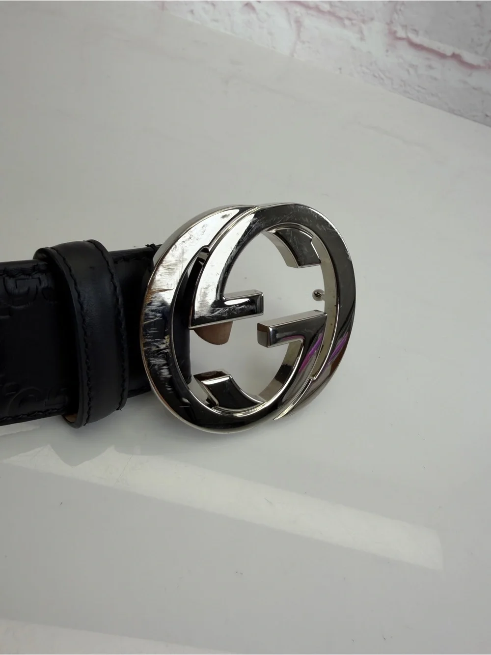 Authentic Gucci Guccissima Black Mens Leather Belt Gg Interlocking 80/32 411924